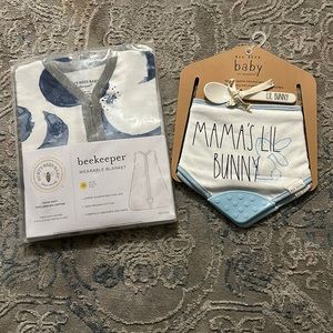 Beekeeper wearable blanket and bandanna teether bibs and spoon set .